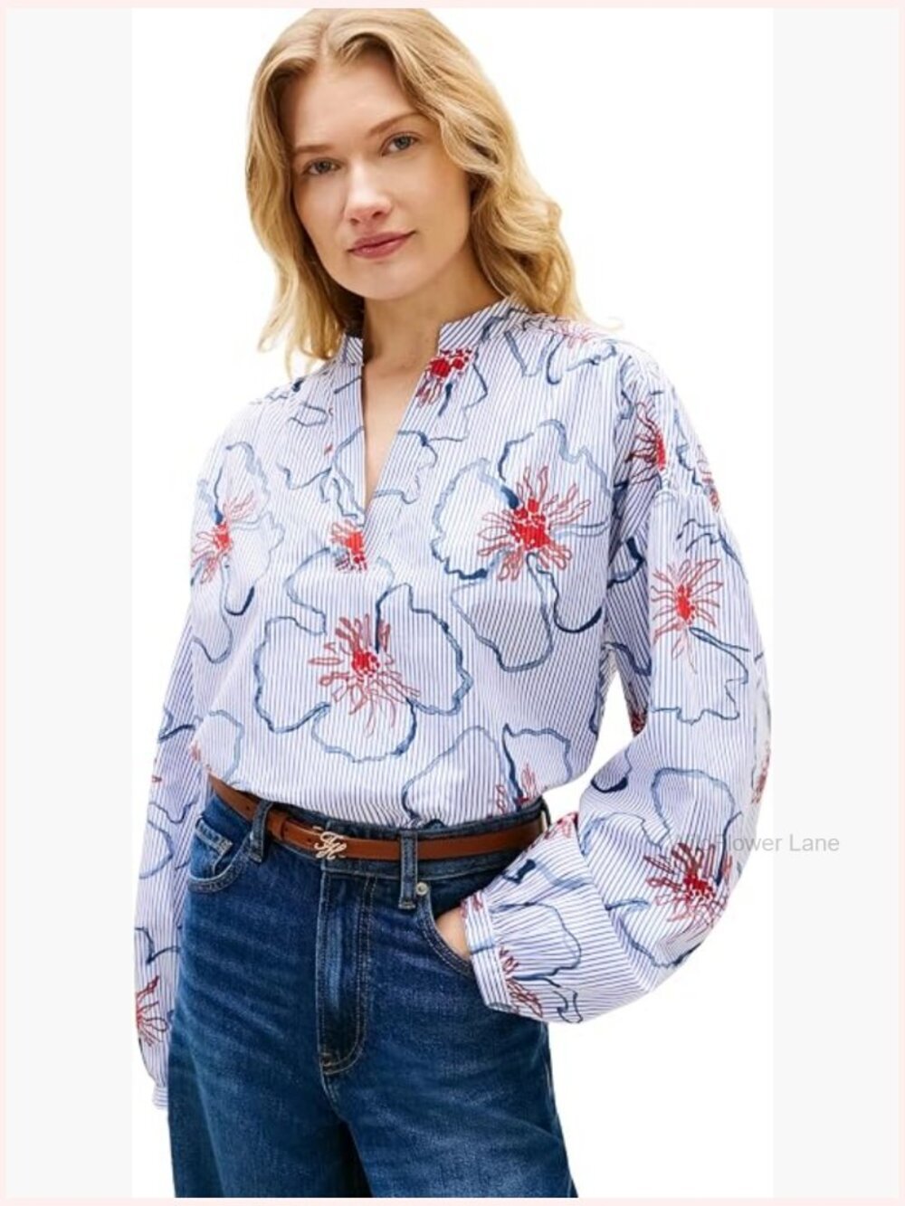 Lightweight Long Sleeve Cotton Poplin V-Neck Blouse
